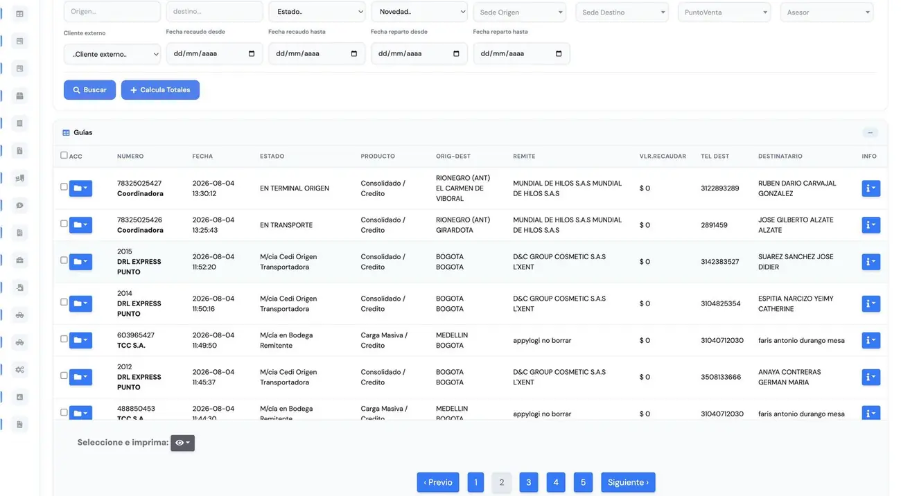 Plataforma TMS DRL Express — módulo de guías y trazabilidad en tiempo real